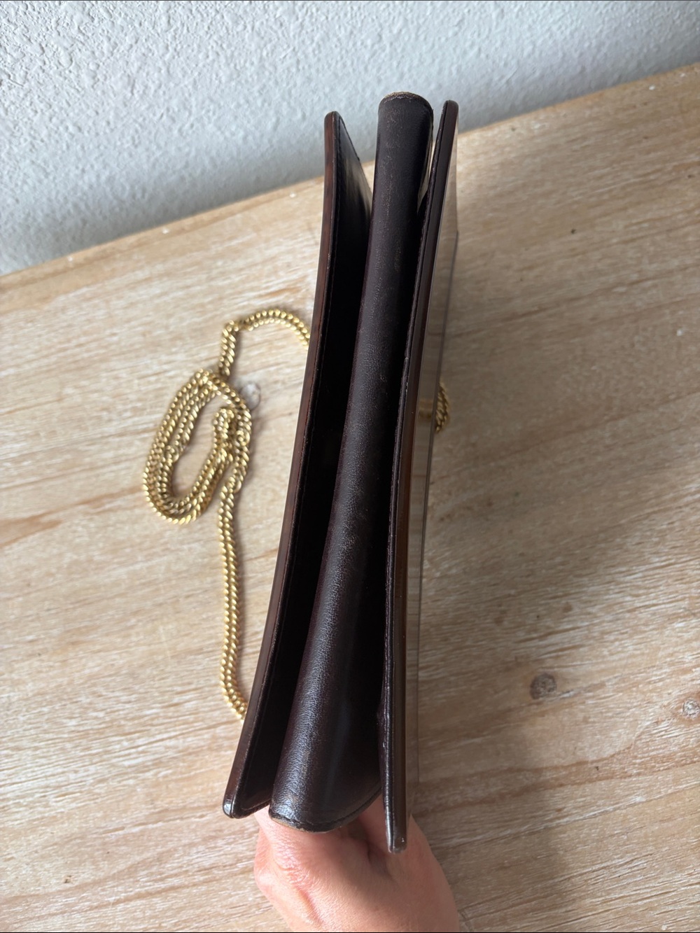 Vintage Italian Art Deco Tortoiseshell Lucite Clutch with Gold Chain - Picture 12 of 15